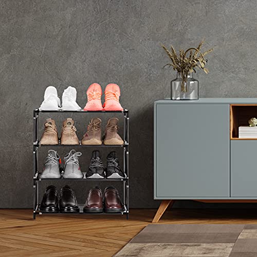 NiHome Stackable and Adjustable 4-Tier Shoe Rack, Lightweight Space-Saving Narrow Design for Small Spaces, Holds up to 8 Pairs, Ideal for Closet, Hallway, Entryway, Living Room, Bedroom (Black Fabric)