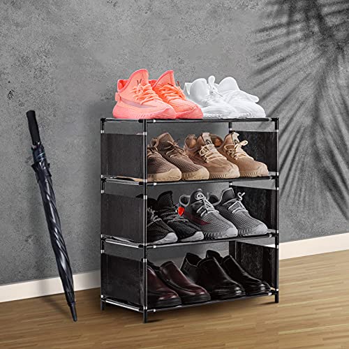 NiHome Stackable and Adjustable 4-Tier Shoe Rack, Lightweight Space-Saving Narrow Design for Small Spaces, Holds up to 8 Pairs, Ideal for Closet, Hallway, Entryway, Living Room, Bedroom (Black Fabric)