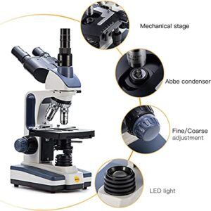 Swift SW 350T Compound Trinocular Microscope,40X-2500X Magnification,Two-Layer Mechanical Stage,with 5.0 mp Camera and Software Windows/Mac Compatible and 5 PCS Prepared Slides and 5 PCS Blank Slides