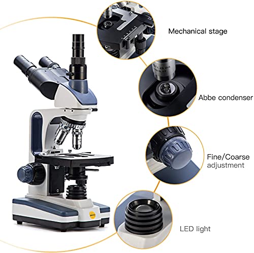 Swift SW 350T Compound Trinocular Microscope,40X-2500X Magnification,Two-Layer Mechanical Stage,with 5.0 mp Camera and Software Windows/Mac Compatible and 5 PCS Prepared Slides and 5 PCS Blank Slides