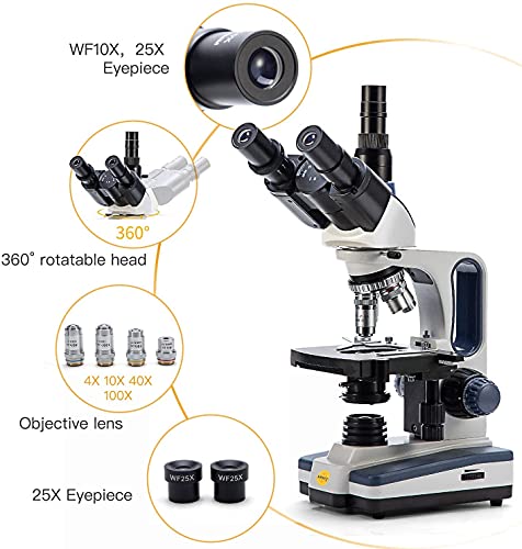 Swift SW 350T Compound Trinocular Microscope,40X-2500X Magnification,Two-Layer Mechanical Stage,with 5.0 mp Camera and Software Windows/Mac Compatible and 5 PCS Prepared Slides and 5 PCS Blank Slides