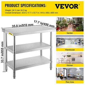 VEVOR Outdoor Food Prep Table, 36x18x34 inch Commercial Stainless Steel Table, 2 Adjustable Undershelf BBQ Prep Table, Heavy Duty Kitchen Work Table, for Garage, Home, Warehouse, and Kitchen Silver