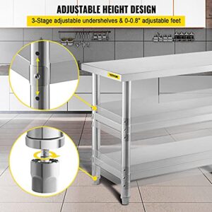 VEVOR Outdoor Food Prep Table, 36x18x34 inch Commercial Stainless Steel Table, 2 Adjustable Undershelf BBQ Prep Table, Heavy Duty Kitchen Work Table, for Garage, Home, Warehouse, and Kitchen Silver