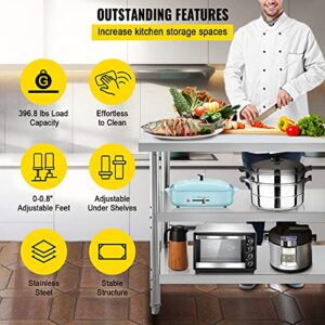 VEVOR Outdoor Food Prep Table, 36x18x34 inch Commercial Stainless Steel Table, 2 Adjustable Undershelf BBQ Prep Table, Heavy Duty Kitchen Work Table, for Garage, Home, Warehouse, and Kitchen Silver