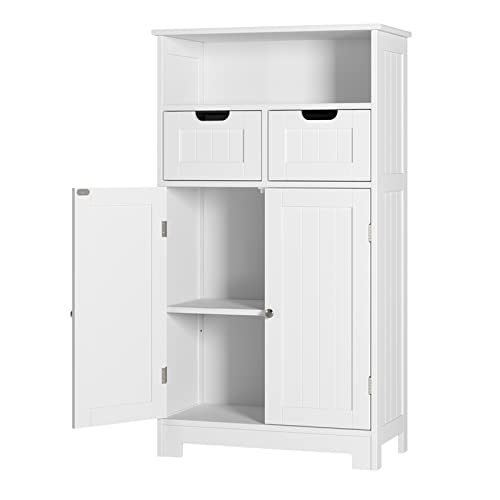 URKNO Bathroom Storage Cabinet, Wood Floor Cabinet with Drawers and Doors, Corner Freestanding Cabinet for Home Office, White