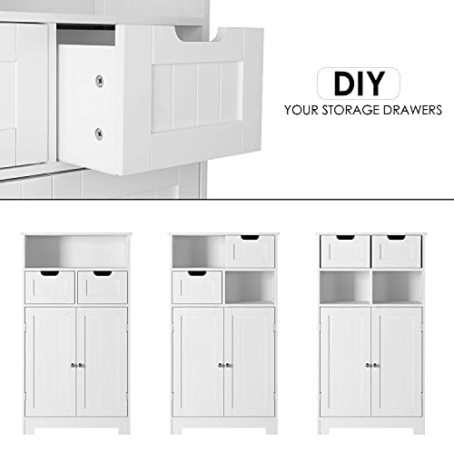 URKNO Bathroom Storage Cabinet, Wood Floor Cabinet with Drawers and Doors, Corner Freestanding Cabinet for Home Office, White