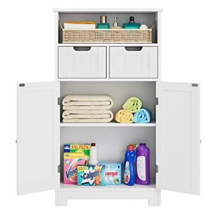 URKNO Bathroom Storage Cabinet, Wood Floor Cabinet with Drawers and Doors, Corner Freestanding Cabinet for Home Office, White