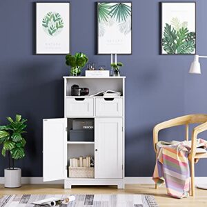 URKNO Bathroom Storage Cabinet, Wood Floor Cabinet with Drawers and Doors, Corner Freestanding Cabinet for Home Office, White