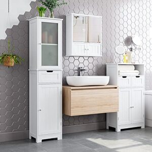 URKNO Bathroom Storage Cabinet, Wood Floor Cabinet with Drawers and Doors, Corner Freestanding Cabinet for Home Office, White