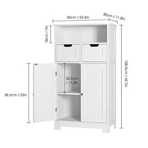 URKNO Bathroom Storage Cabinet, Wood Floor Cabinet with Drawers and Doors, Corner Freestanding Cabinet for Home Office, White