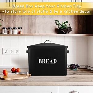 P&P CHEF Extra Large Black Bread Box with Lid, Metal Bread Storage Container for Farmhouse Kitchen Countertop, 13.1” X 11.81” X 7.2” Inches for Holding 2+ Loaves, Indoor & Outdoor Use
