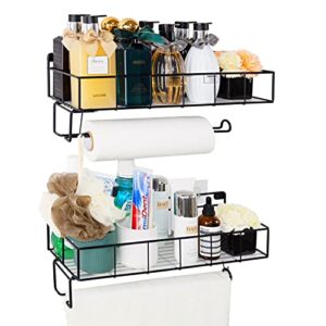 2 pack -sufauy paper towel holder spice rack and multi-purpose shelf with towel rack, wall mount storage organizer, steel, black