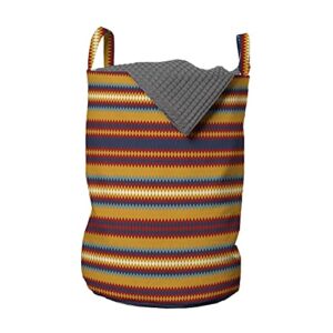 lunarable abstract laundry bag, tribal stripes on horizontal funky ethnic culture hippie folk print, hamper basket with handles drawstring closure for laundromats, 13" x 19", apricot red dark indigo