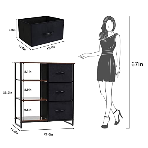 LYNCOHOME 3 Drawer Dresser with Shelves, Chest of Drawers, Storage Cabinet for Dining Room, Livingroom, Office(Left Shelf)