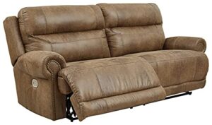 signature design by ashley grearview 2 seat power reclining sofa with adjustable headrest, light brown