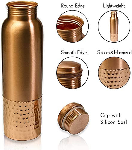 Copper Water Bottle 34 Oz - Half Hammered Design - an Ayurvedic Copper Vessel - Pure Copper Bottle for Drinking Water - Drink More Water - Leak Proof - Large