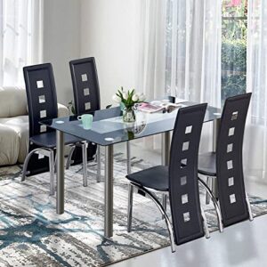 homvent dining table set for 4, small tempered glass dining room table set, kitchen table and chairs for small spaces, transparent,white modern 110cm, stainless steel pu leather (transparent & black)