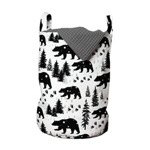 lunarable hipster antler laundry bag, greyscale style repetitive pattern of bear footprints and trees, hamper basket with handles drawstring closure for laundromats, 13" x 19", black pale grey white