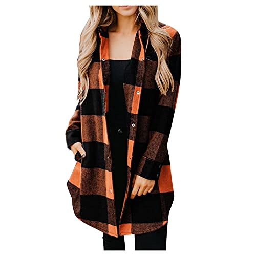 Hemlock Women Plaid Shirts Jacket Long Sleeve Button Down Blouses Tops Mid Long Shirt Coat Outwears Orange