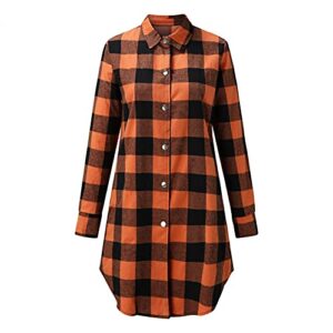 Hemlock Women Plaid Shirts Jacket Long Sleeve Button Down Blouses Tops Mid Long Shirt Coat Outwears Orange