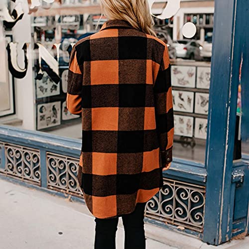 Hemlock Women Plaid Shirts Jacket Long Sleeve Button Down Blouses Tops Mid Long Shirt Coat Outwears Orange