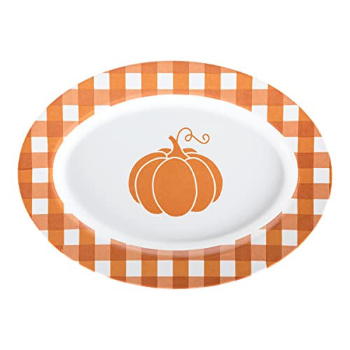 C.R. Gibson QSTM-24069 Orange Plaid Pumpkin Reusable Melamine Plate Thanksgiving Platter, 14" x 10"