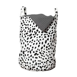 lunarable dalmatian laundry bag, domestic animal dog skin print dots spots pointy forms asymmetric repetitive, hamper basket with handles drawstring closure for laundromats, 13" x 19", dark grey white