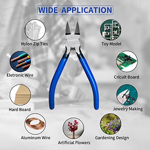 Wire Cutters 2 Pack, 6.5 inch,KAIHAOWIN Flush Cutters Diagonal Cutters Side Cutters Precision Ultra Sharp Spring Loaded Wire Snips Clippers Dikes Cutting Pliers Small for Crafting Jewelry Making,Blue