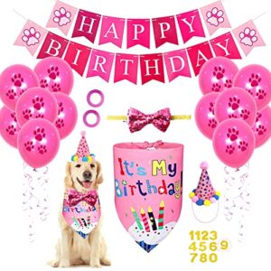 Dog Birthday Party Supplies,Dog Birthday Bandana Hat Set,Puppy 1st Birthday Outfit with a Number,Happy Birthday Banner,Triangle Scarf,Paw Print Balloon,Cute Bowtie for Pet Boy/Girl Party Accessories