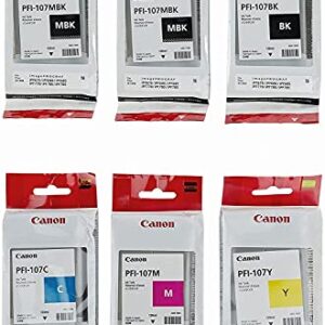 PFI-107 Set Genuine Canon Pfi-107 6 Pack Set of 5 Colors Ink Tanks 2 Pfi-107mbk,and 1 Pfi107bk Pfi107c Pfi107y Pfi107m by Canon + InkSAVER™ Microfiber LCD Screen Cleaning Cloth