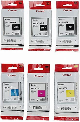 PFI-107 Set Genuine Canon Pfi-107 6 Pack Set of 5 Colors Ink Tanks 2 Pfi-107mbk,and 1 Pfi107bk Pfi107c Pfi107y Pfi107m by Canon + InkSAVER™ Microfiber LCD Screen Cleaning Cloth