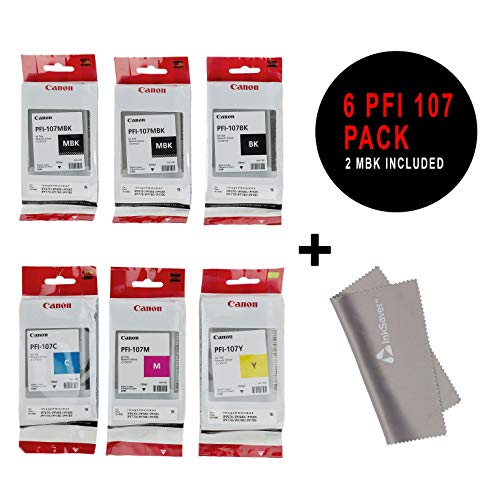 PFI-107 Set Genuine Canon Pfi-107 6 Pack Set of 5 Colors Ink Tanks 2 Pfi-107mbk,and 1 Pfi107bk Pfi107c Pfi107y Pfi107m by Canon + InkSAVER™ Microfiber LCD Screen Cleaning Cloth