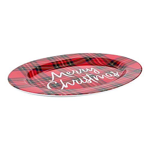 C.R. Gibson QSTM-24059 Red Plaid Reusable Melamine Plate Christmas Platter for Cookies, Dinners, and Parties, 14" x 10"