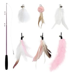 SONGWAY Interactive Cat Feather Toys - 7 Pcs Cat Toy Set, Retractable Cat Wand Toy, Teaser Refills Worm Bird Feathers with Bell, Cat Teaser Toys for Indoor Cats Kitten Play Chase Exercise, Light Pink