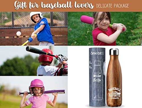 Onebttl Baseball Gifts for Boys and Girls, 17oz Stainless Steel Water Bottle, Wooden - Baseball is My Favourite Season