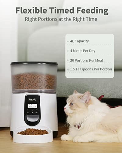 Automatic Cat Feeder, Arspic 4L Auto Cat Food Dispenser with Programmable Timer Feeder and Portion Control Automatic Pet Food Feeder for Small & Medium Cats Dogs with Desiccant Bag & Voice Recorder