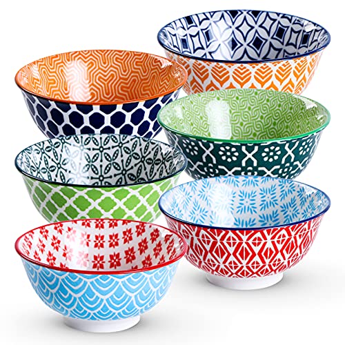 Ceramic Cereal Bowls - Porcelain 23 Ounce Colorful Bowls for Kitchen, Lareina Deep Bowls Set for Soup, Dessert or Oatmeal - Microwave and Dishwasher Safe - Set of 6