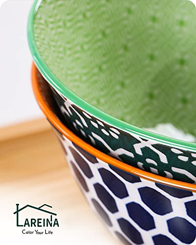 Ceramic Cereal Bowls - Porcelain 23 Ounce Colorful Bowls for Kitchen, Lareina Deep Bowls Set for Soup, Dessert or Oatmeal - Microwave and Dishwasher Safe - Set of 6