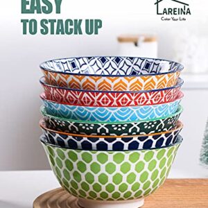 Ceramic Cereal Bowls - Porcelain 23 Ounce Colorful Bowls for Kitchen, Lareina Deep Bowls Set for Soup, Dessert or Oatmeal - Microwave and Dishwasher Safe - Set of 6