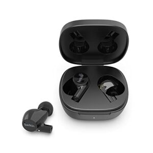 belkin soundform rise true wireless ear buds with wireless charger case, dual microphone, ipx5 water resistant earbuds, bluetooth headphones, compatible with iphone, galaxy, and more - black