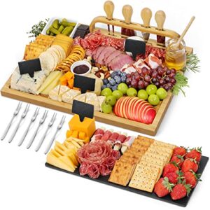 bamboo cheese board and knife set - extra large charcuterie boards set & accessories, large wooden cheese platter tray with cutlery - unique housewarming, bridal shower, anniversary & wedding gift