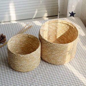 Zhuxin Woven Straw Storage Baskets with Lid, Rattan Snack Container Multipurpose Bins Laundry Toys Organizer Household, Round Large Diameter 22cm Height 17cm