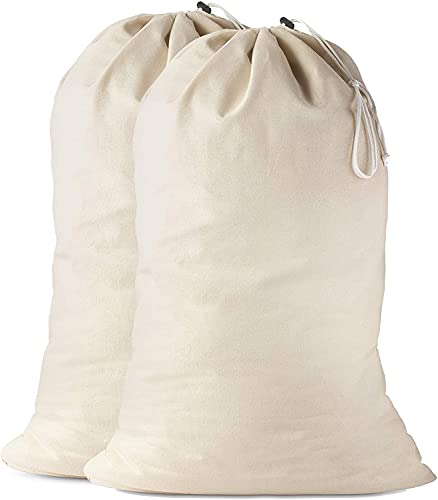 Laundry Bag Large 24 X 36 inch Heavy duty 100% Cotton Canvas natural color fabric Draw Strings Organizer travel camp home college Dorm Dirty cloth plain Big Santa Sacks storage (Pack of 2)