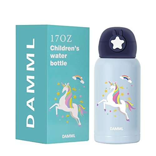 DAMML Kids Water Bottle, insulated stainless steel thermos with Leak-proof straw(Girls/Boys) Reusable Water Bottle Shoulder Strap Suitable for School - Cute Unicorn, 17OZ(Blue)