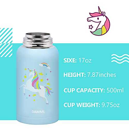 DAMML Kids Water Bottle, insulated stainless steel thermos with Leak-proof straw(Girls/Boys) Reusable Water Bottle Shoulder Strap Suitable for School - Cute Unicorn, 17OZ(Blue)