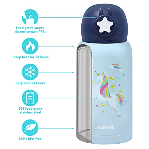 DAMML Kids Water Bottle, insulated stainless steel thermos with Leak-proof straw(Girls/Boys) Reusable Water Bottle Shoulder Strap Suitable for School - Cute Unicorn, 17OZ(Blue)