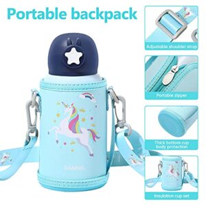 DAMML Kids Water Bottle, insulated stainless steel thermos with Leak-proof straw(Girls/Boys) Reusable Water Bottle Shoulder Strap Suitable for School - Cute Unicorn, 17OZ(Blue)