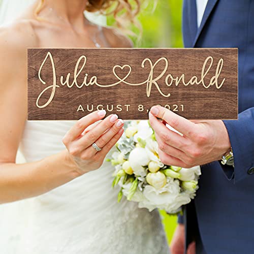 Personalized Wedding Sign, Custom Wood Family Established Sign w/Names & Dates, 15'' X 6'' - 9 Designs W/ 5 Wood Colors, Wedding Plaque for Ceremony, Bridal Shower, Wooden Engraved Sign
