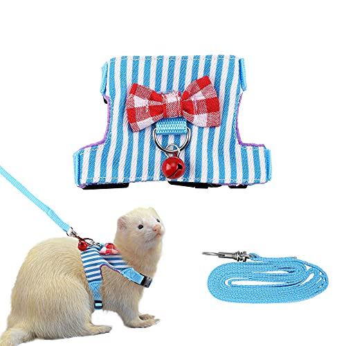 Filhome Small Pet Harness Vest and Leash Set with Bowknot and Bell Decor Chest Strap Harness Adjustable Soft Breathable for Outdoor Walking Guinea Pigs, Ferret, Chinchilla(Blue)