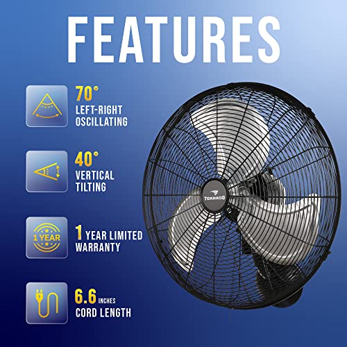 Tornado 20 Inch Pro Series High Velocity Oscillating Wall Mount Fan For Industrial, Commercial, Residential Use 3 Speed 5250 CFM UL Safety Listed